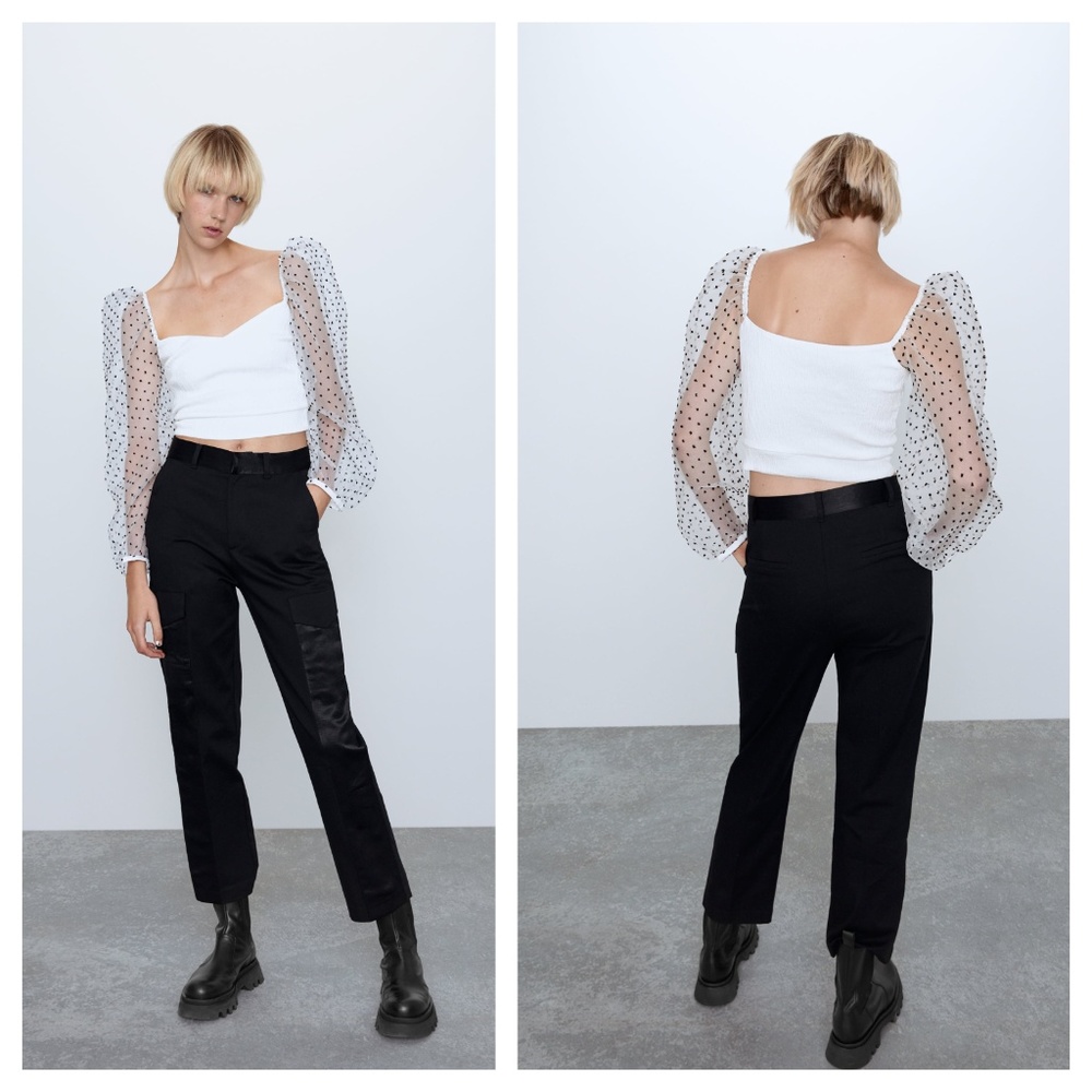 DOTTED MESH PUFF SLEEVES POLKA DOT CROP TOP - Picture 7 of 8